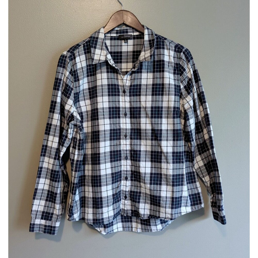 The Limited Womens Large Plaid Flannel Shirt Navy Blue White Long Sleeve Top